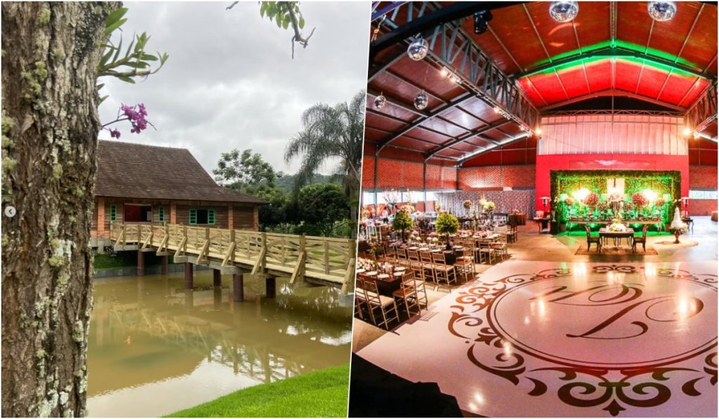 Salão decorado para eventos e espaço rústico com ponte de madeira sobre lago em meio à natureza no bairro Rio da Luz