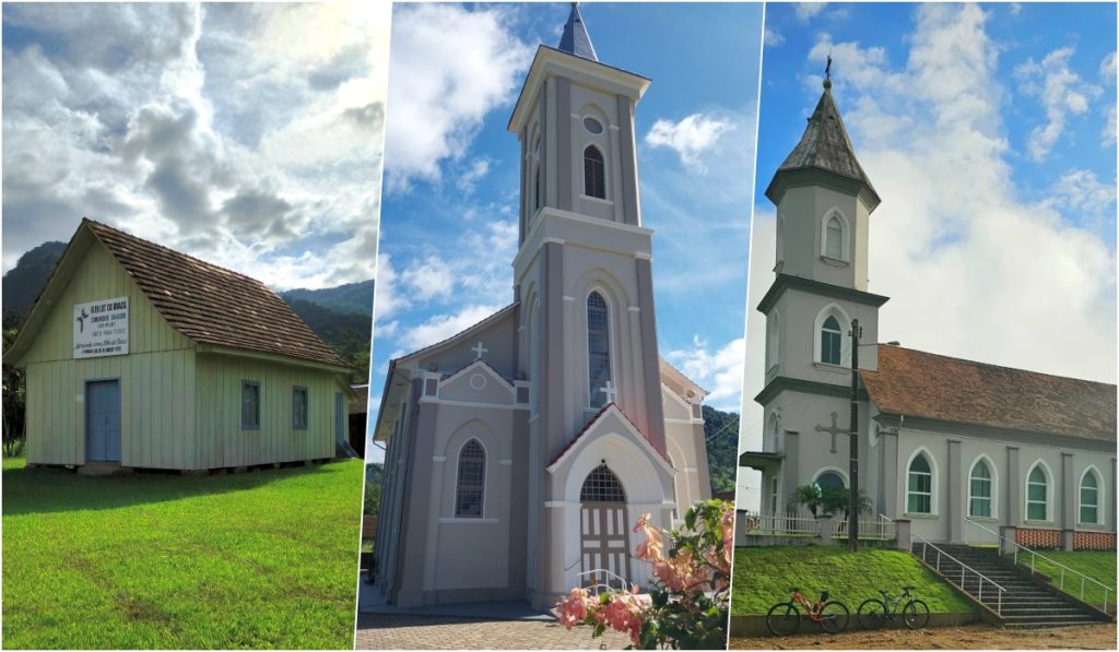Três igrejas históricas do bairro Rio da Luz em Jaraguá do Sul, preservando a tradição germânica